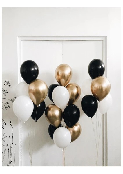 20 Adet Gold Siyah Beyaz Metalik Balon 3'lü Renk