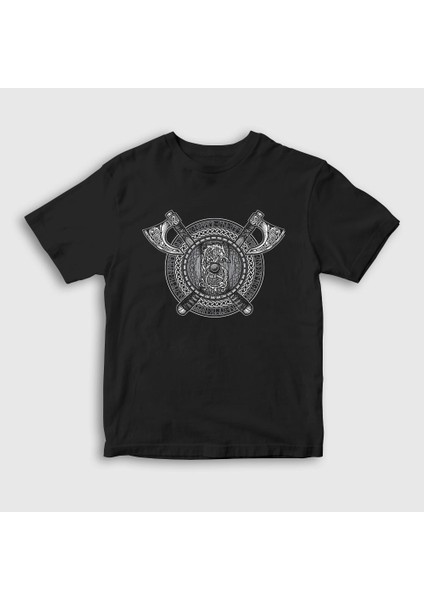 Unisex Çocuk Siyah Fenrir Shield Vikings T-Shirt