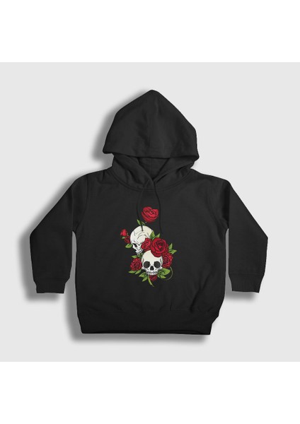 Unisex Çocuk Siyah Roses And Skulls Kapüşonlu Sweatshirt