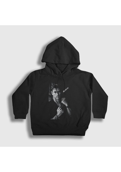 Unisex Çocuk Siyah Grayscale Chris Hemsworth Kapüşonlu Sweatshirt