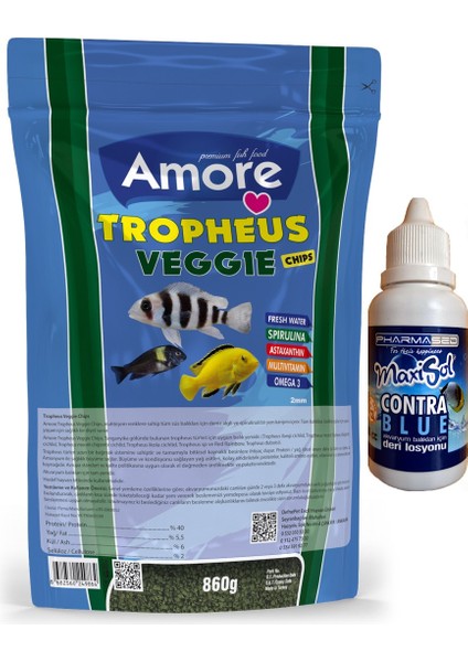 Tropheus Veggie Chips 860GR Easy-Doypack Green Algae Spirulina Akvaryum Balık Yemi ve Contra Blue