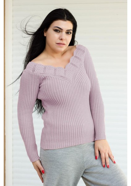 Kadın Taş Gri Ön Arka V Yaka Fitilli Tiko Kazak 20KKZKVALK