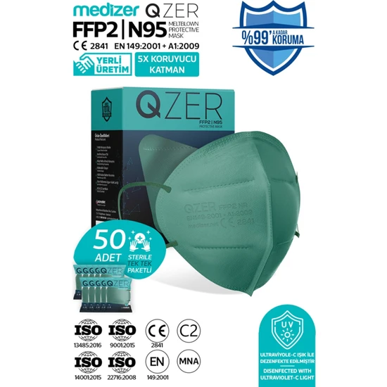 Medizer Qzer Yeşil Renk 5 Katmanlı Ffp2 N95 Maske