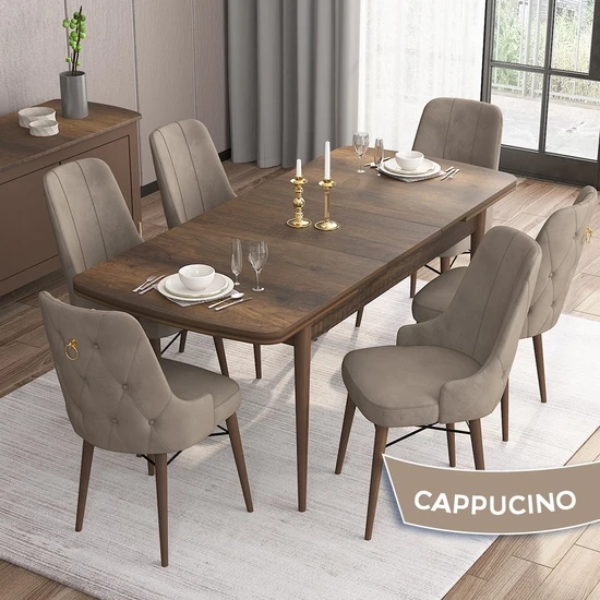 Canisa Concept Are Serisi, Mdf 80X132 Açılabilir  Barok Ahşap Desen Mutfak Masa Takımı, 6 Sandalye Gold Halkalı