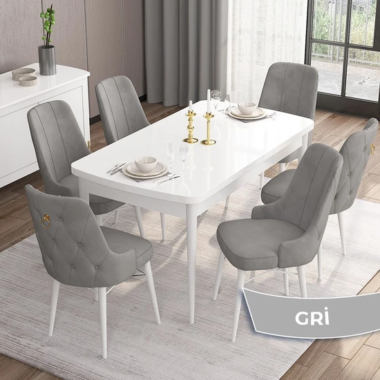 Canisa Concept Are Serisi,  Mdf 80X132 Açılabilir Beyaz Mutfak Masa Takımı, 6 Sandalye Gold Halkalı