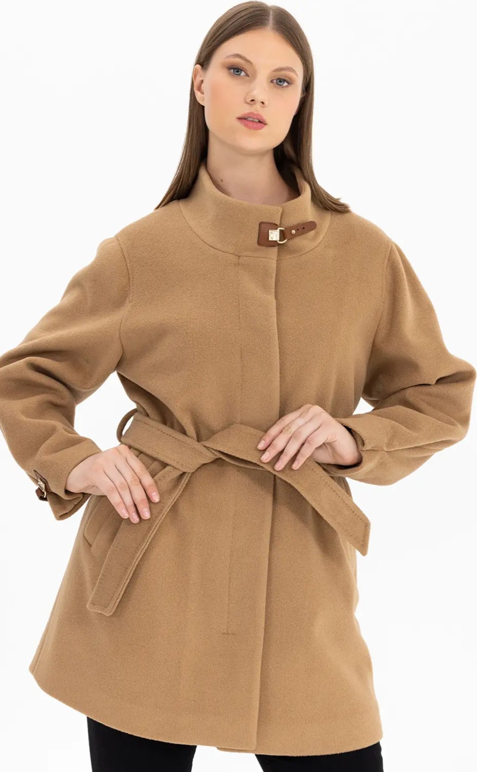 Galaxi Kadın Büyük Beden Hakim Yaka Kaban 3051022 Camel görsel 2