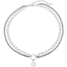 BijuStore Gümüş Renk Ikili Zincir Kadın Incili Kolye