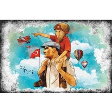 Hayat Poster Çocuklarla Mustafa Kemal Atatürk Serisi 4 Retro Vintage Ahşap Poster