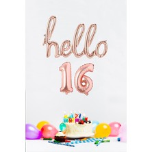 Pekshop 16 Yaş Doğum Günü Balonları - Hello 16 El Yazısı Rose Gold Renk Folyo Balon