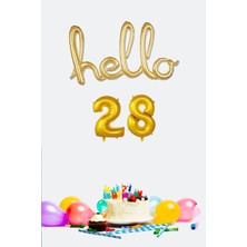 Pekshop 28 Yaş Doğum Günü Balonları - Hello 28 El Yazısı Gold Renk Folyo Balon
