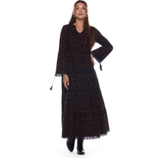 Newbutix Pazen Siyah Dantelli Çıtır Desen Uzun Elbise