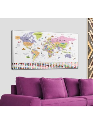 Dünyatablo Dünya Haritası Ayrıntılı Eğitici-Öğretici Sembollü Bayraklı Dekoratif Kanvas Tablo 2845
