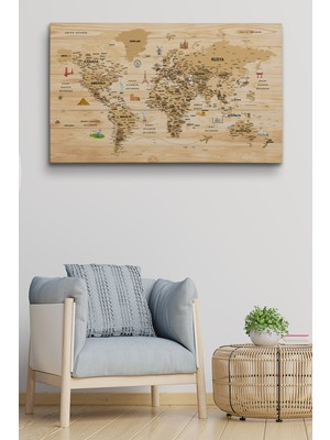 Dünyatablo Ahşap Görünümlü Türkçe Dünya Haritası Sembollü Eğitici ve Öğretici Dekoratif Kanvas Tablo 2945