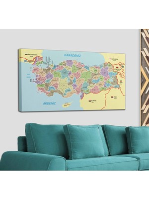Dünyatablo Türkiye Haritası Kanvas Tablo Il ve Ilçeli Ayrıntılı Eğitici-Öğretici Komşulu Dekoratif Tablo 3016