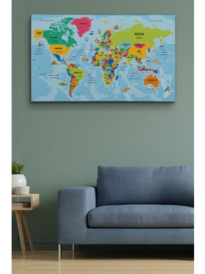 Dünyatablo Türkçe Dünya Haritası Sembollü ve Okyanuslu Dekoratif Kanvas Tablo 2472