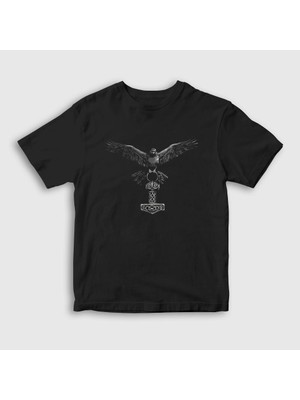 Presmono Unisex Çocuk Siyah Raven With Thor Mjolnir Hammer Vikings T-Shirt