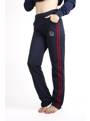 Azıcık Akıllı Kadın Lacivert Kırmızı Şeritli Basic Esnek Rahat Kalıp Cepli Ince Eşofman Altı 21KESAAKT1