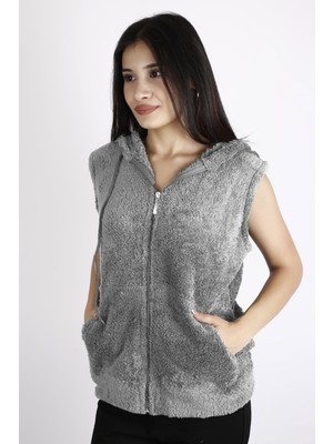 Azıcık Akıllı Kadın Gri Peluş Yumoş Fermuarlı Kapüşonlu Yelek 22KYLKPELO