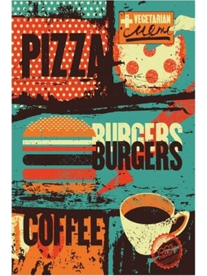 Hayat Poster Pizza Hamburger Kahve Retro Vintage Ahşap Poster