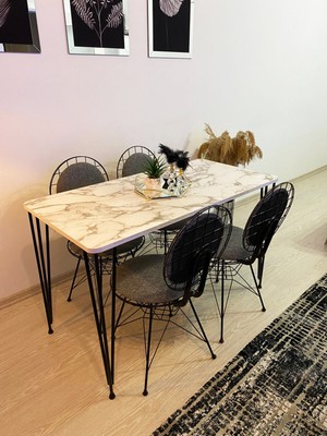 Stone Concept Mobilya Mutfak Masa Takımı 60X120CM Yemek Masası Cafe Masası 4 Adet Yuvarlak Tel Sandalye 1 Adet Masa Beyaz Gri Mermer Desen