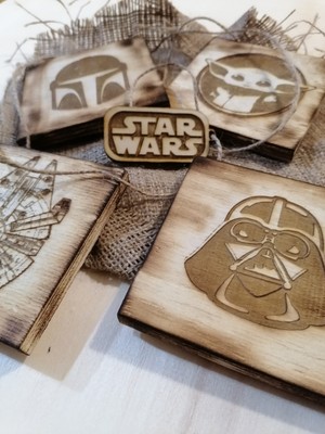 Lime Art Shop Hediyelik 4'lü Rustik Star Wars Bardak Altlık Grogu Darth Wader Mandolorian Milenium Falcon