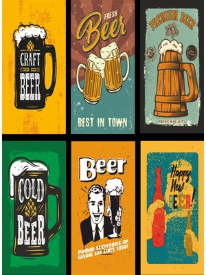 Hayat Poster Vintage Bira 6lı Mini Retro Ahşap Poster Seti Uv Baskılı