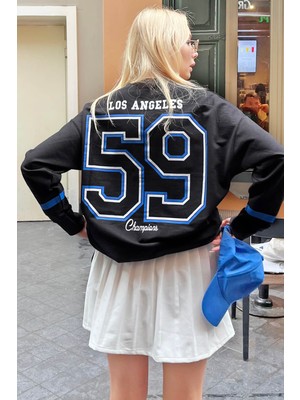 Siyah Los 59 Ön-Arka Baskılı Oversize Kadın Sweatshirt