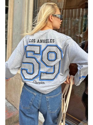 Gri Los 59 Ön-Arka Baskılı Oversize Kadın Sweatshirt