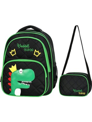 Wad lisanslı Kapitone Dinazor Desenli Ilkokul Sırt Çantası ve Beslenme Çantası, Çok Renkli
