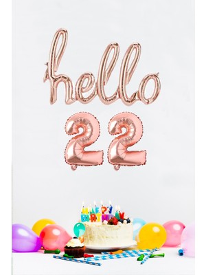 Pekshop 22 Yaş Doğum Günü Balonları - Hello 22 El Yazısı Rose Gold Renk Folyo Balon