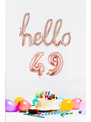 Pekshop 49 Yaş Doğum Günü Balonları - Hello 49 El Yazısı Rose Gold Renk Folyo Balon