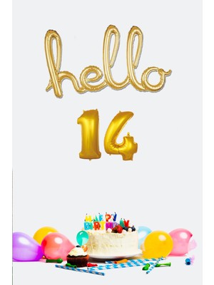 Pekshop 14 Yaş Doğum Günü Balonları - Hello 14 El Yazısı Gold Renk Folyo Balon