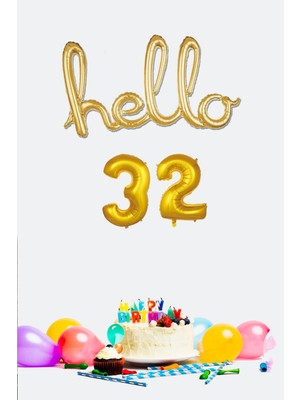 Pekshop 32 Yaş Doğum Günü Balonları - Hello 32 El Yazısı Gold Renk Folyo Balon