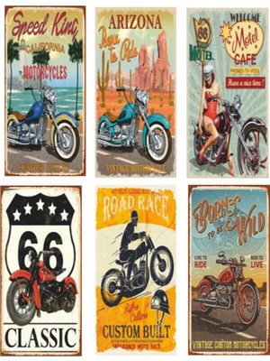Hayat Poster Motor Temalı 6 Mini Retro Ahşap Poster Seti