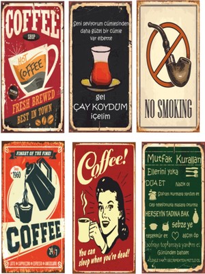 Hayat Poster Kahve Çay Mutfak 6lı Retro Ahşap Poster Seti
