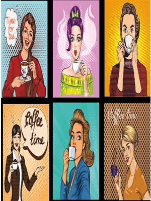 Hayat Poster Pop Art Kahve Içen Kadınlar 6lı Mini Retro Ahşap Poster Seti Uv Baskılı
