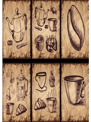 Hayat Poster Çay Kahve Mutfak Temalı 6lı Mini Retro Ahşap Poster Seti Uv Baskılı