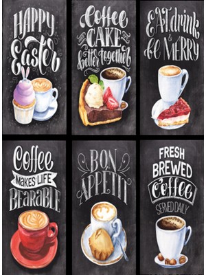 Hayat Poster Cup Cakes Kupkek ve Kahveler 6lı Mini Retro Ahşap Poster Seti (Uv Baskılı)