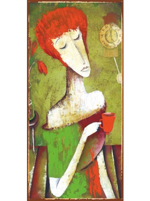 Hayat Poster Kahve Içen Leydi 10 cm x 20 cm Mini Retro Ahşap Poster