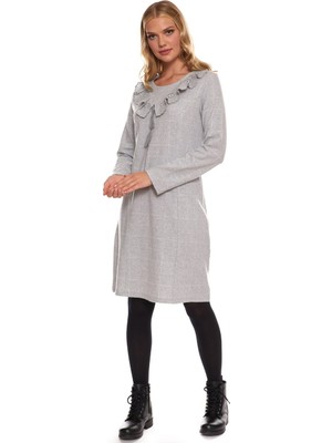 Newbutix Gri Uzun Kol Pazen Kare Desen Elbise