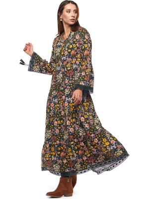 Newbutix Pazen Haki Dantelli Bahar Desen Uzun Elbise