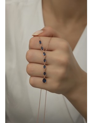 Nereze 925 Ayar Gümüş Süzme Sıralı Damla Mavi Taşlı Kolye