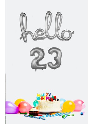 Pekshop 23 Yaş Doğum Günü Balonları - Hello 23 El Yazısı Gümüş Renk Folyo Balon