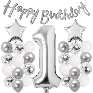 Çıtı Pıtı Store Gümüş Konsept 1 Yaş Doğum Günü Kutlama Seti Beyaz Gümüş Konfetili Balon Rakam Yıldız Folyo ve Banner