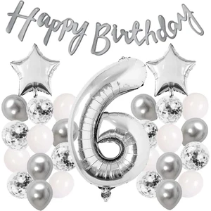 Çıtı Pıtı Store Gümüş Konsept 6 Yaş Doğum Günü Kutlama Seti Beyaz Gümüş Konfetili Balon Rakam Yıldız Folyo ve Banner