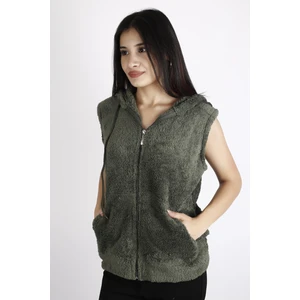 Azıcık Akıllı Kadın Haki Peluş Yumoş Fermuarlı Kapüşonlu Yelek 22KYLKPELO