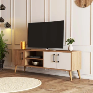 1584 Exxen 150 cm Ahşap Ayaklı Tv Ünitesi Sepet-Beyaz