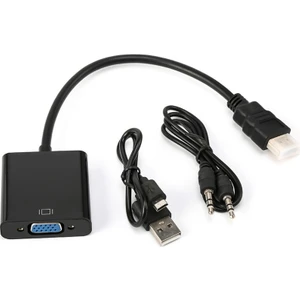 HDMI To VGA Çevirici Kablosu Hdmı Dönüştürücü Kablo (Micro USB Güç ve Aux Kablolu) Siyah