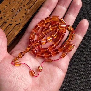 Vip Kehribar Imzalı 7X11 mm Ateşi Kehribar Tesbih - Usta Işçilikli - Ahşap Kutulu - Hediye Tespih