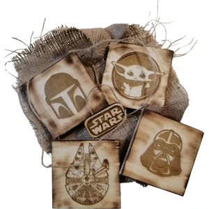 Lime Art Shop Hediyelik 4'lü Rustik Star Wars Bardak Altlık Grogu Darth Wader Mandolorian Milenium Falcon